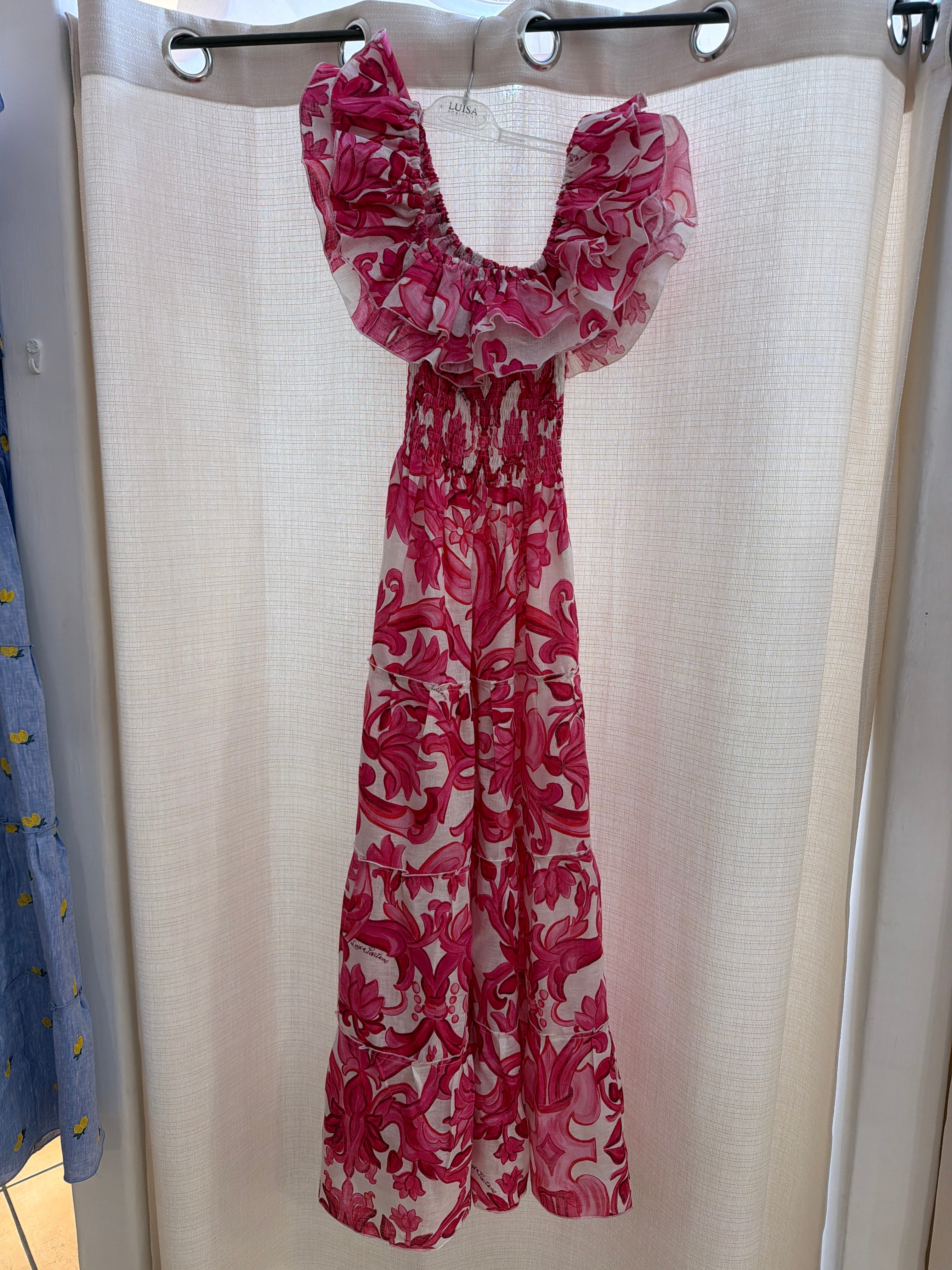 Double Ruffle Dress in Pink Paint Print Linen