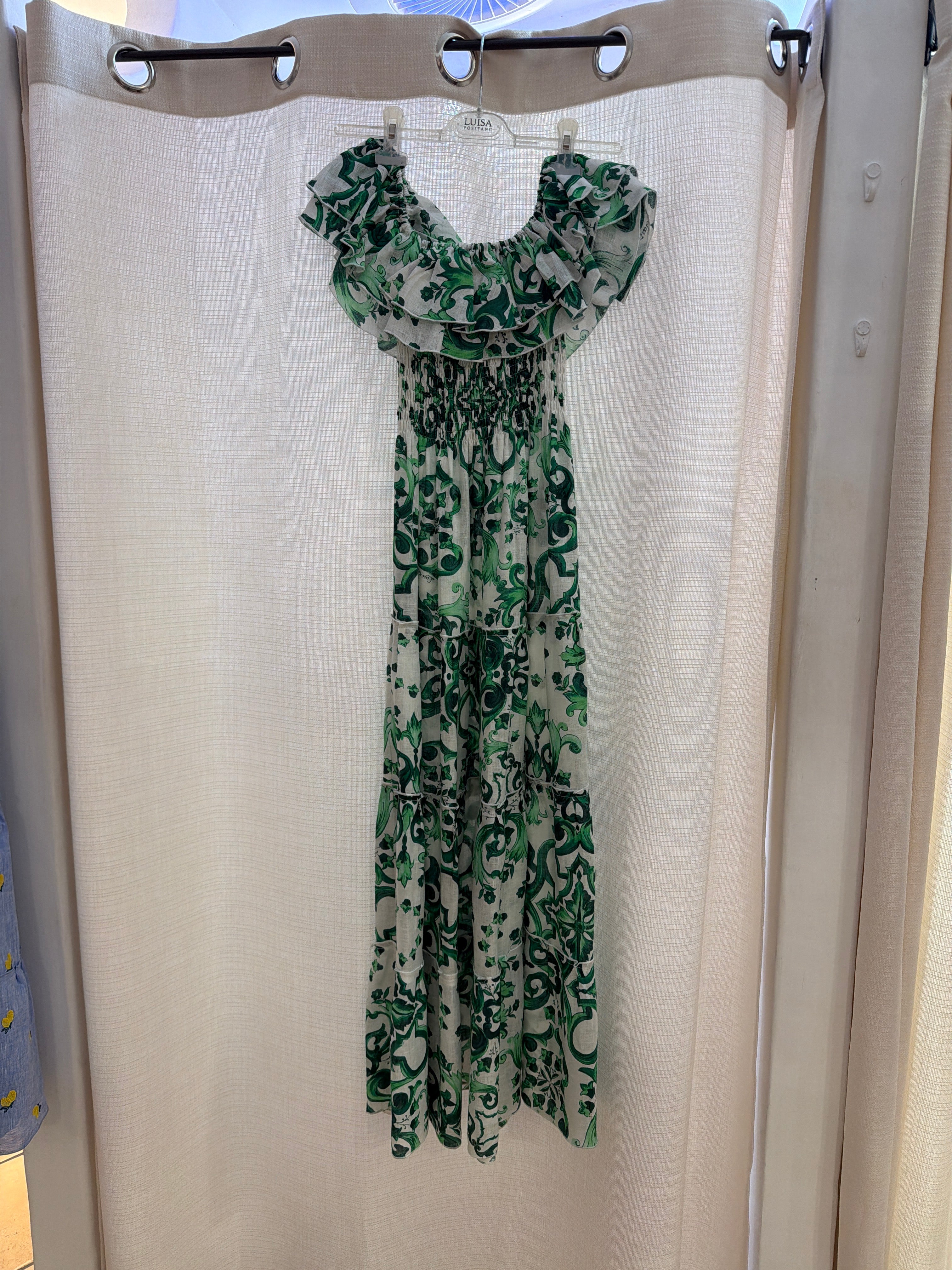 Double Ruffle Linen Dress in Ravello Green Print