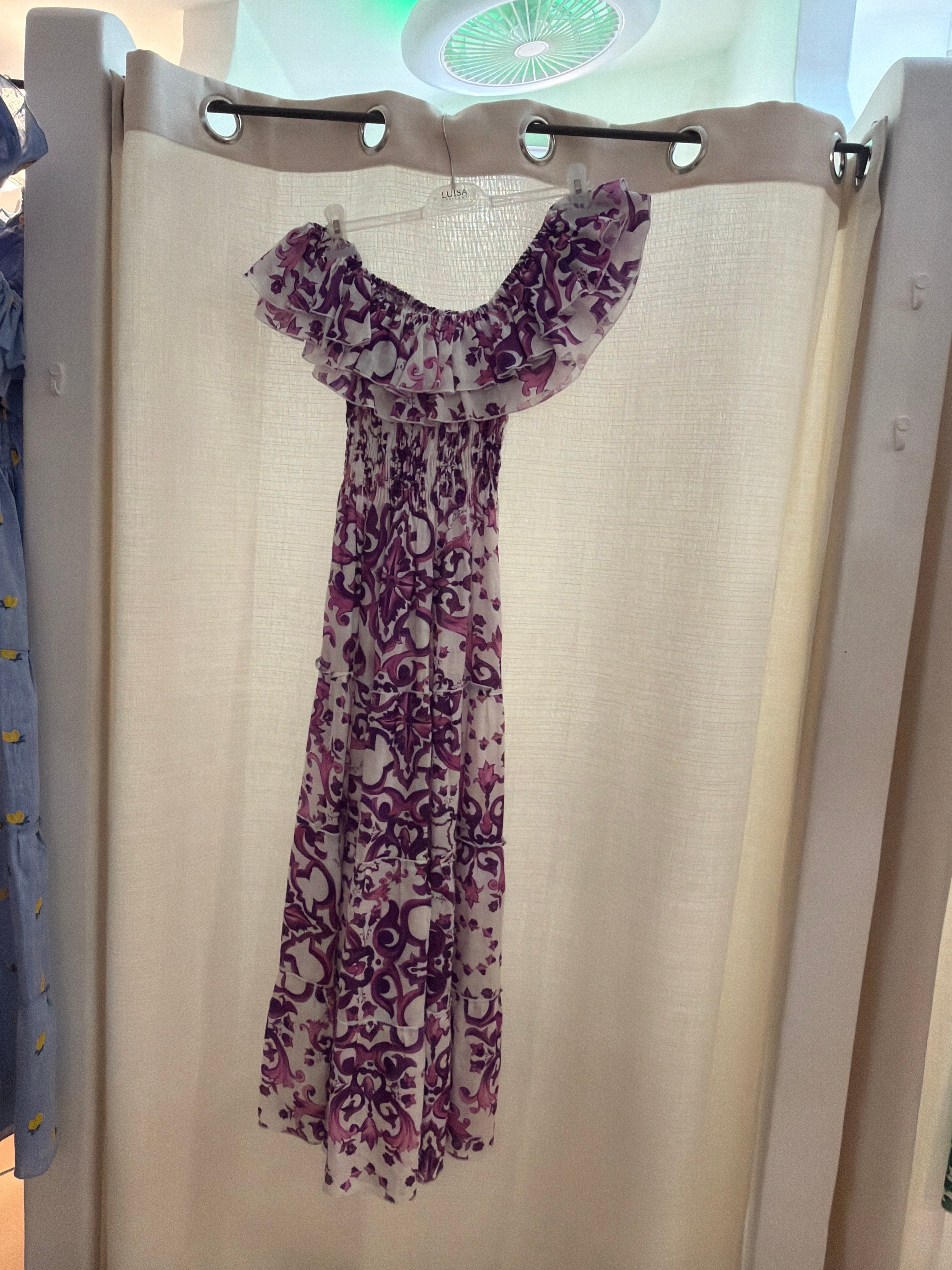 Double Ruffle Linen Dress in Ravello Violet Print