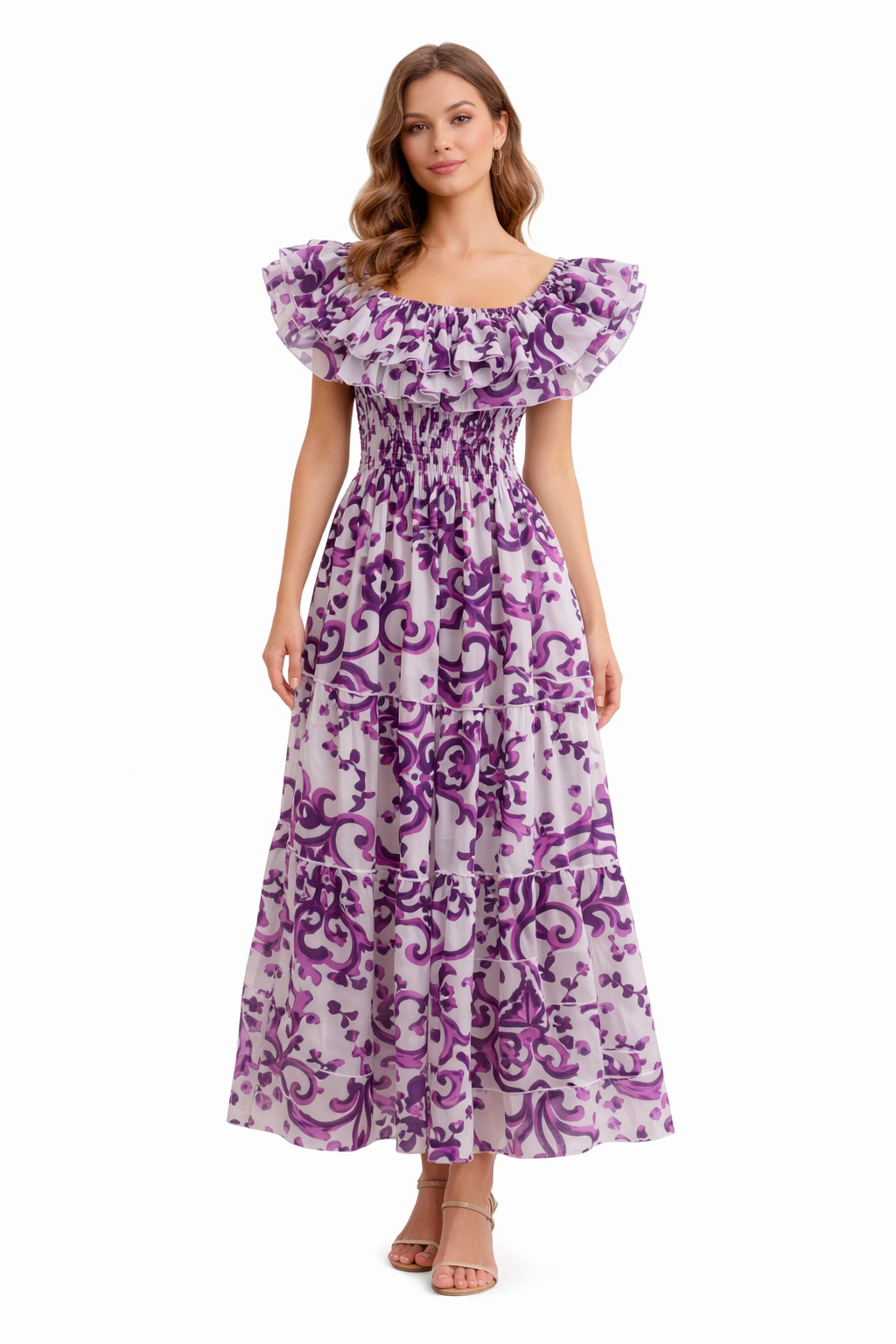 Double Ruffle Linen Dress in Ravello Violet Print