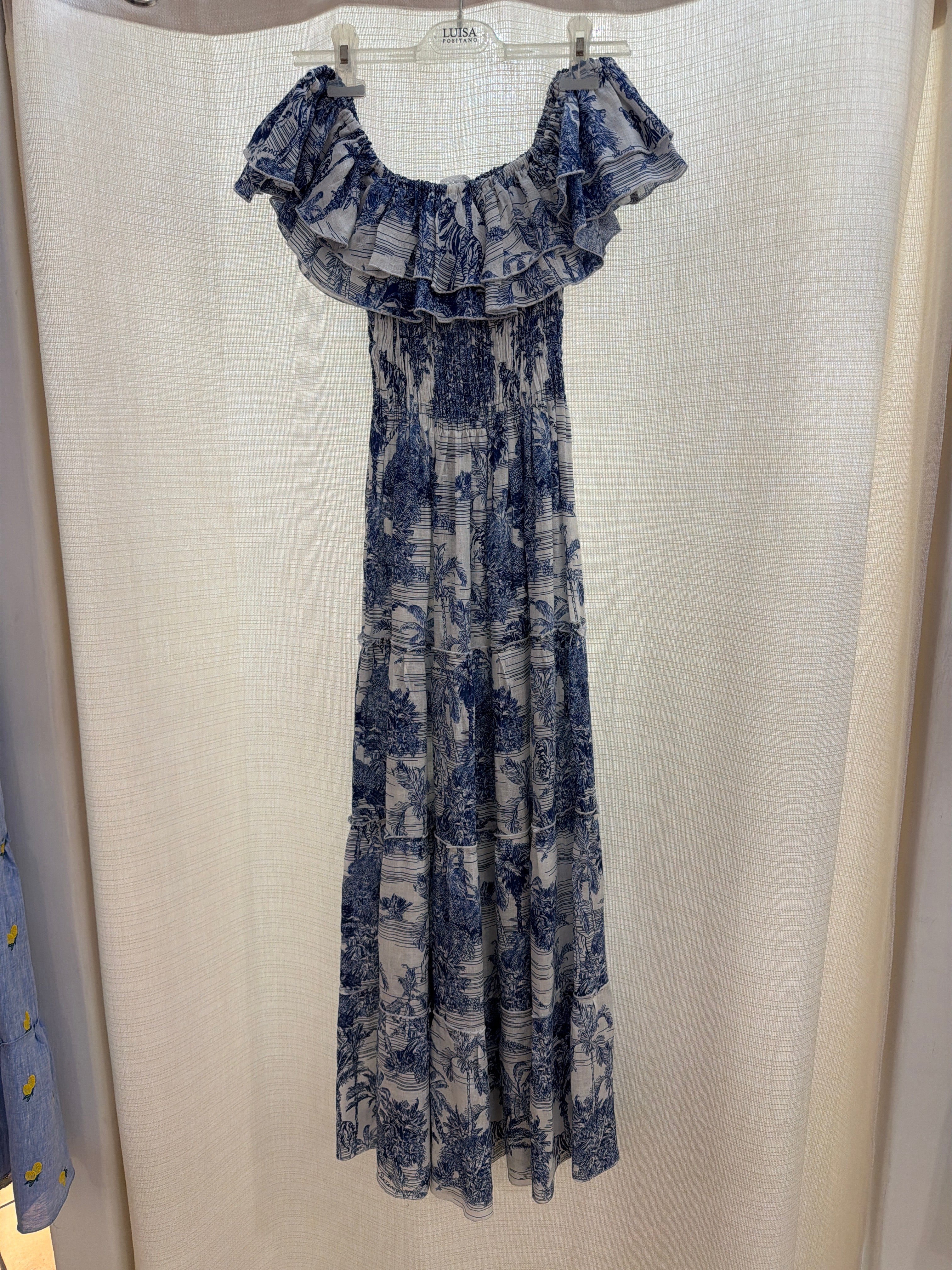 Adoro Blue Print Linen Double Flounce Dress