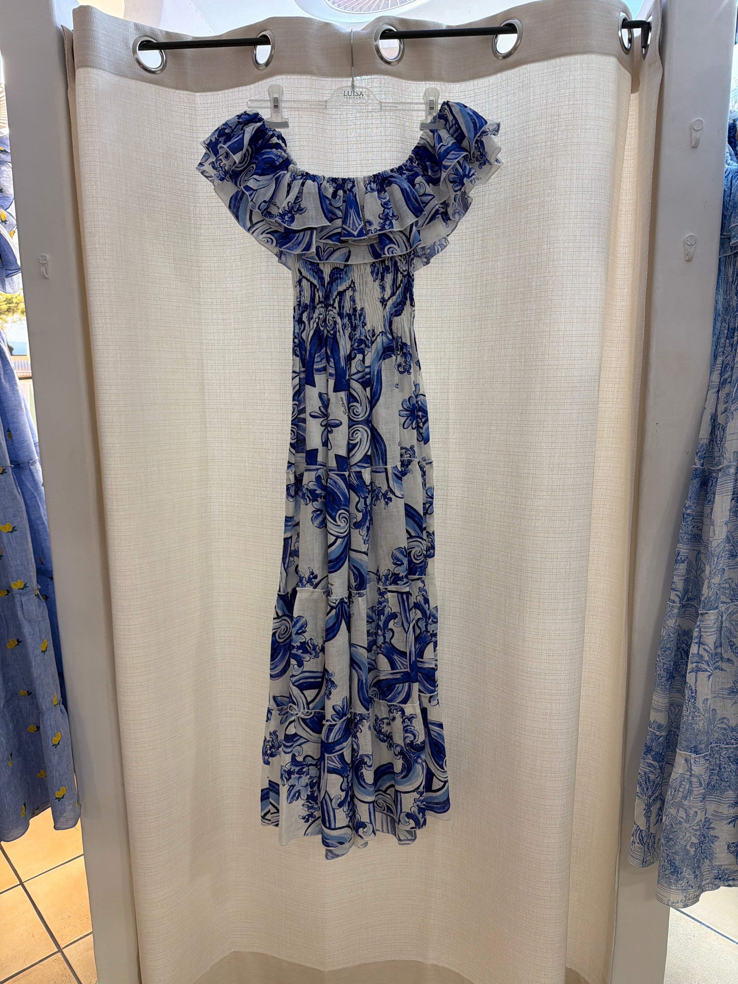 Double Ruffle Linen Dress with Frame Print