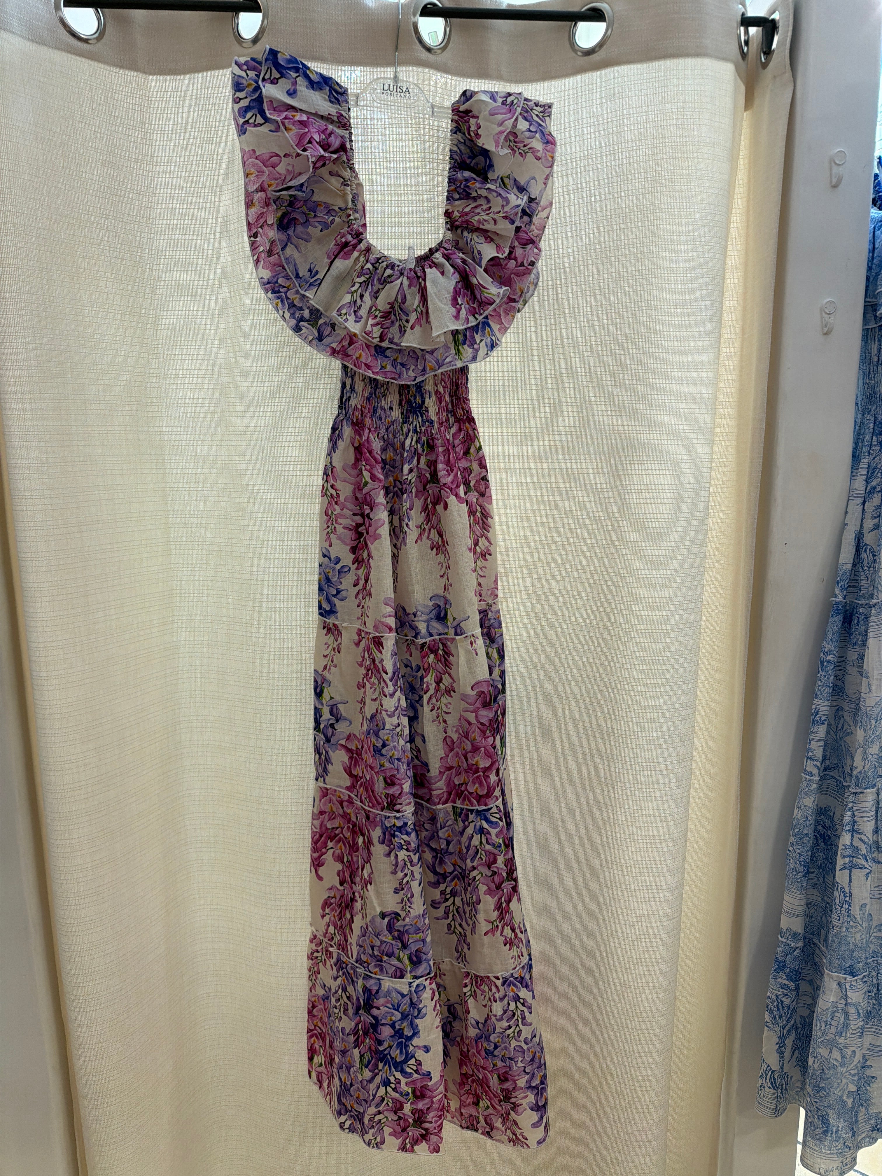 Double Ruffle Linen Dress in Wisteria Print