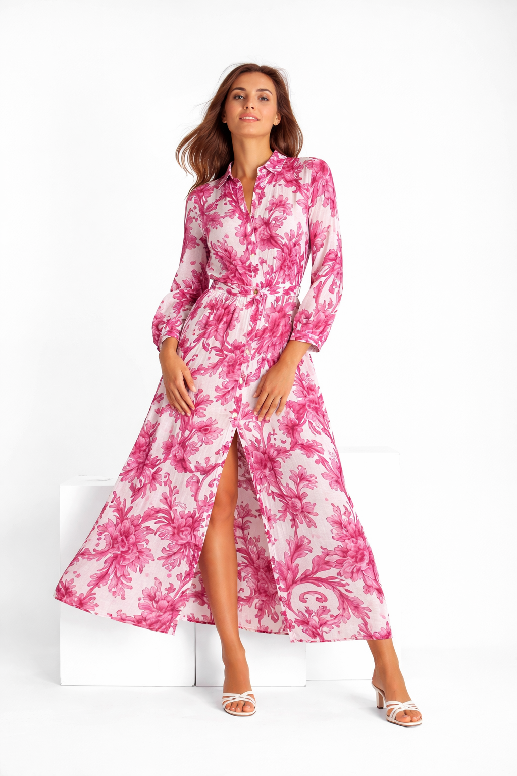 Abito Nerea in lino stampa ramo rosa