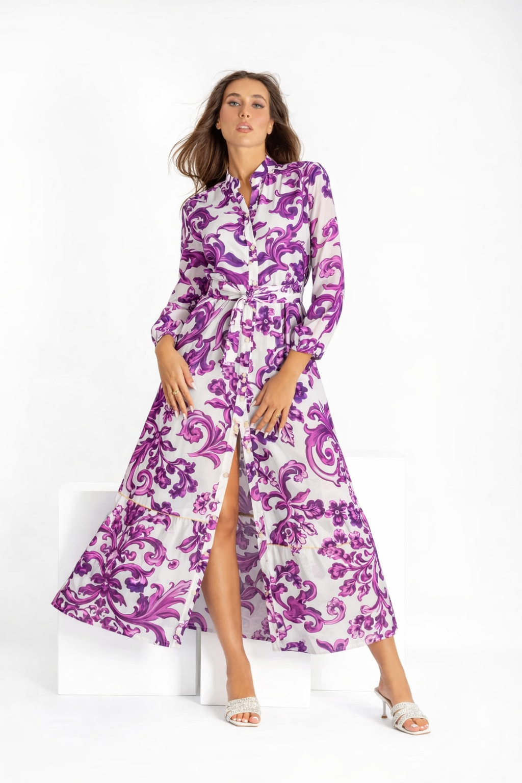 Abito Nerea in lino stampa Ravello viola