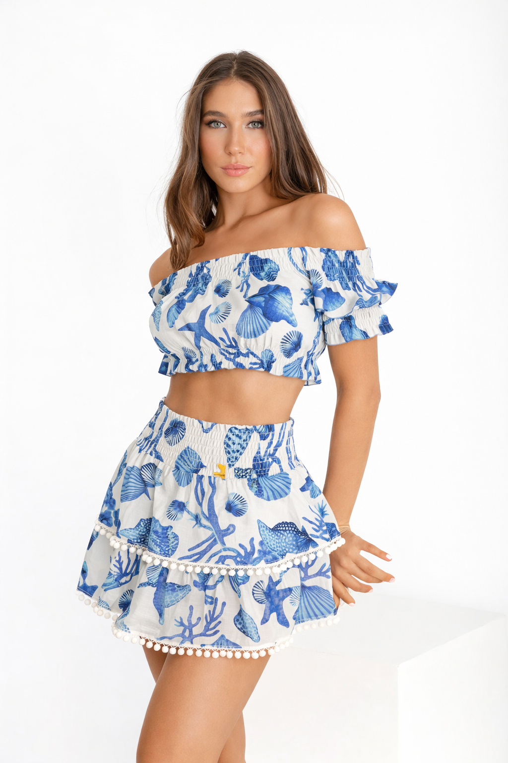 Completo coralli top fiocco e mini gonna in lino