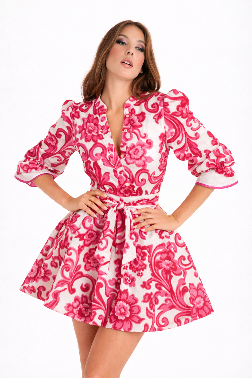 Monaco short linen dress with pink branch print