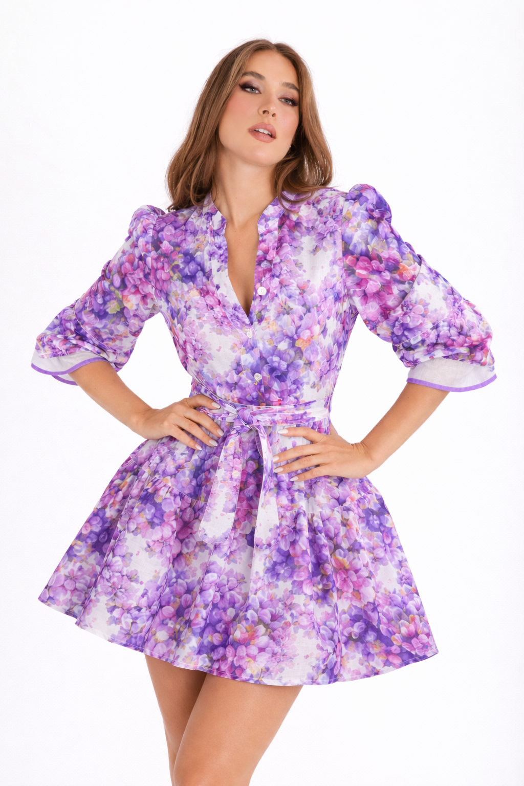 Monaco short linen dress with wisteria print