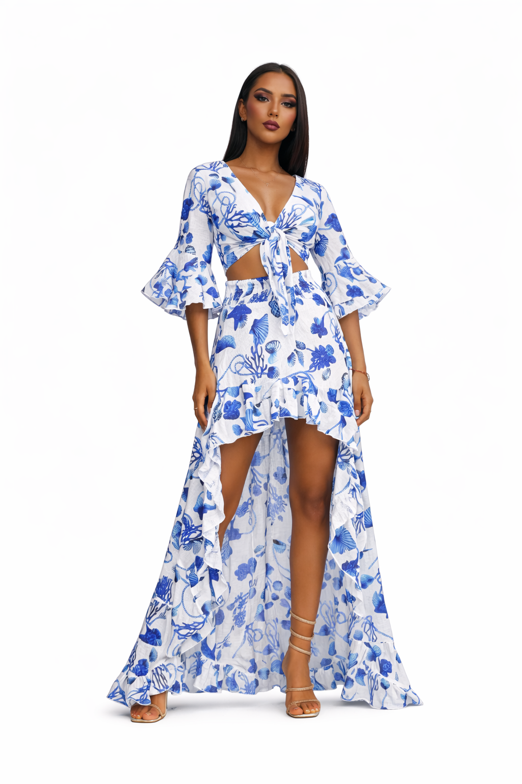 Coordinato top Orione e gonna Barcellona in lino stampa coralli