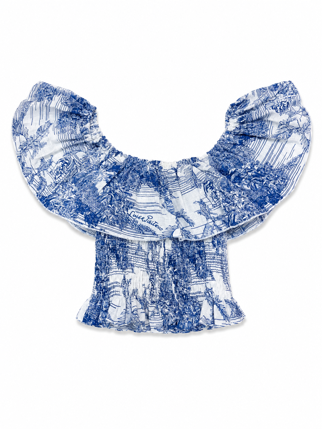 Top Volant in lino stampa Adoro blu