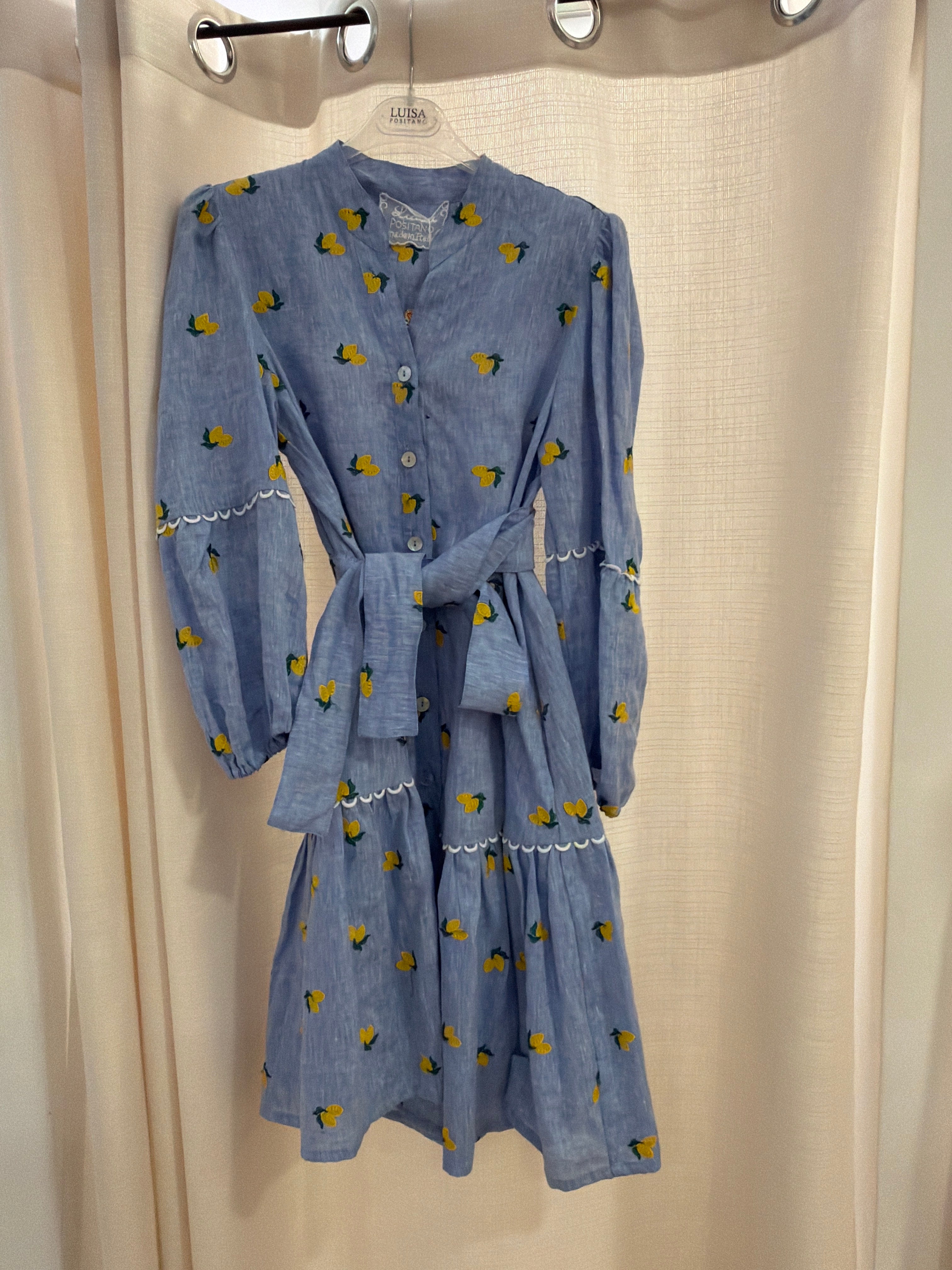 Abito midi in lino jeans limoni ricamo cn cintura e tasche