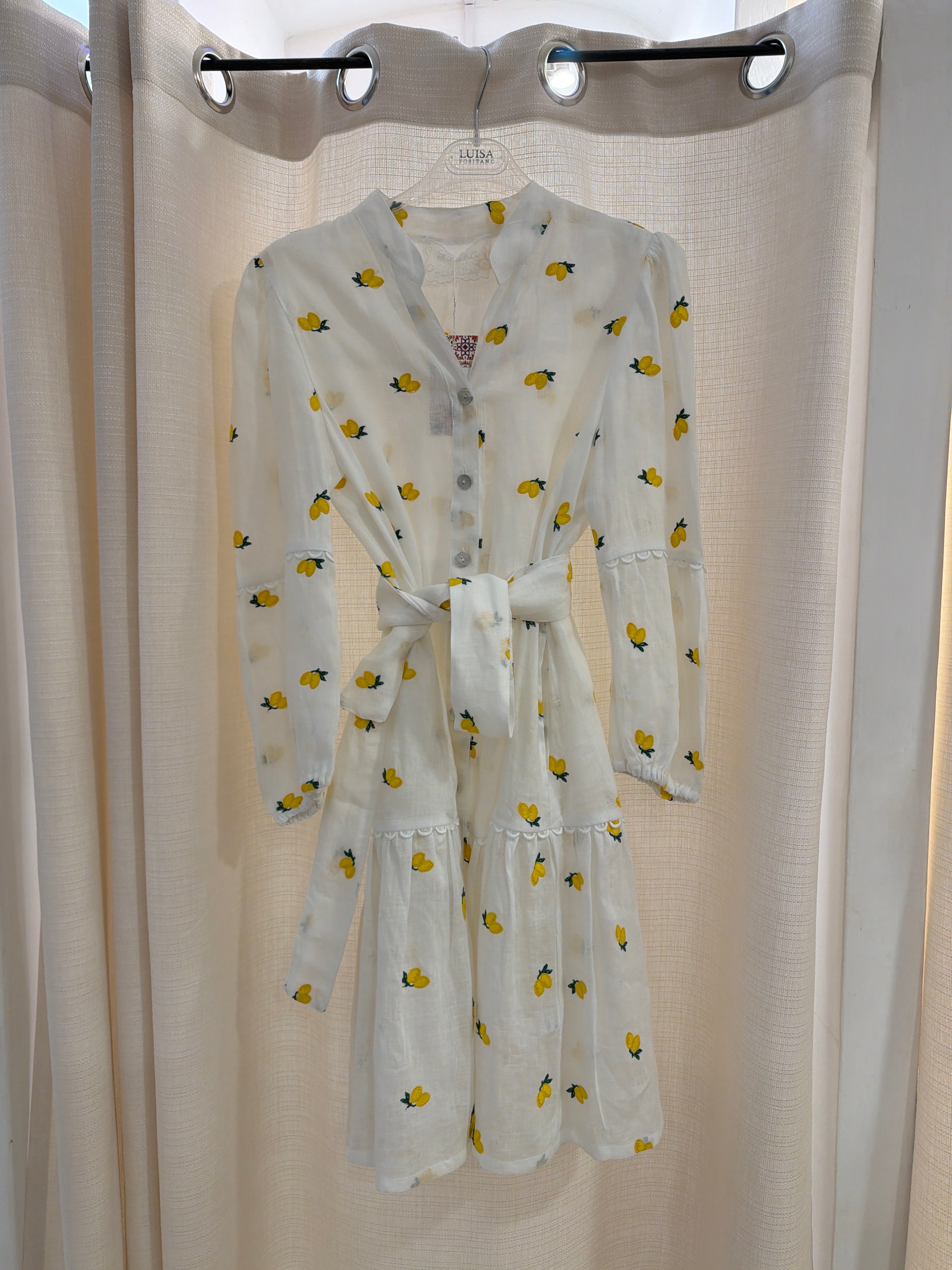 Abito midi bianco in lino limoni ricamo cintura tasche