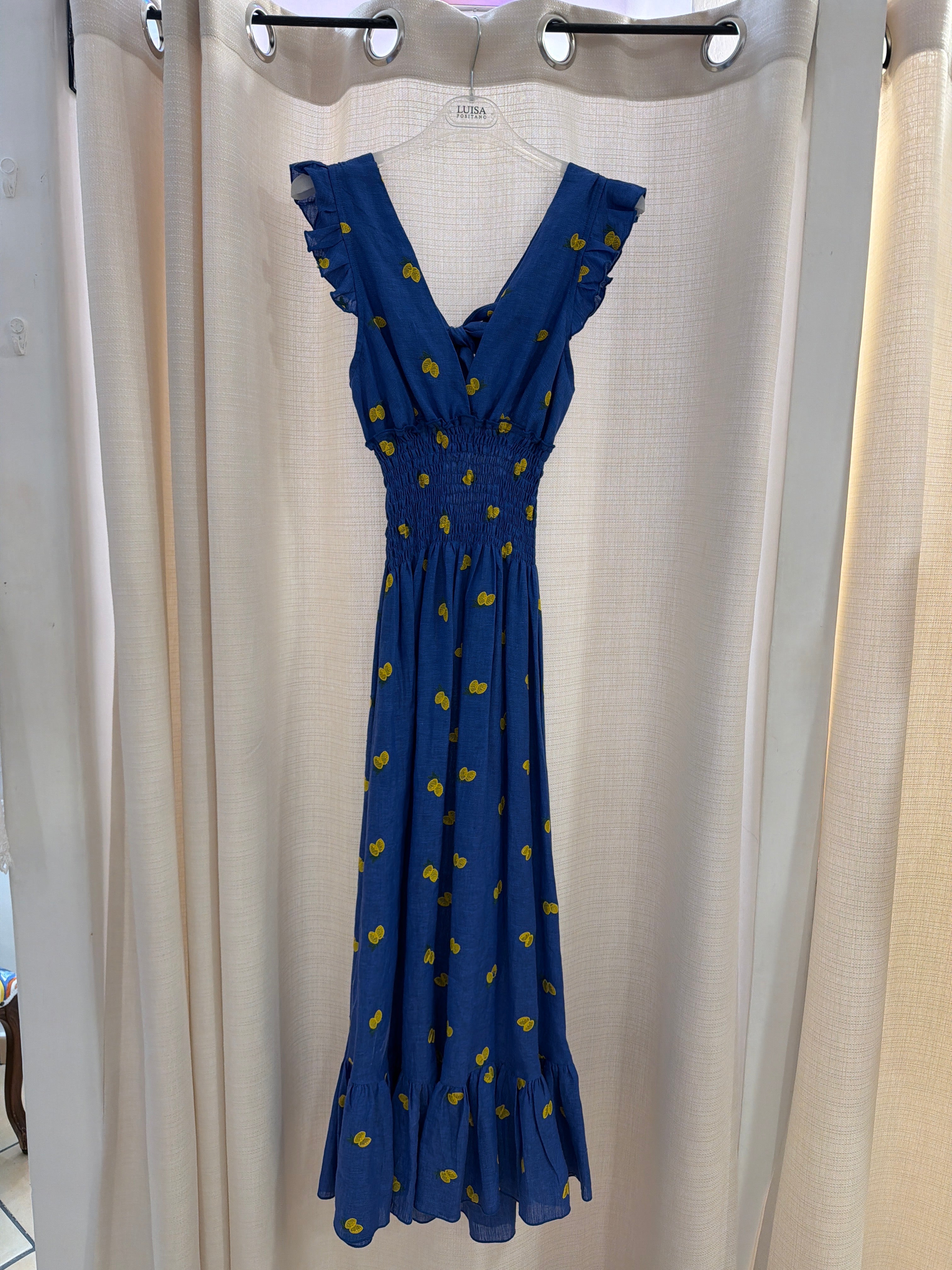 Abito Tucano in lino ricamato blu