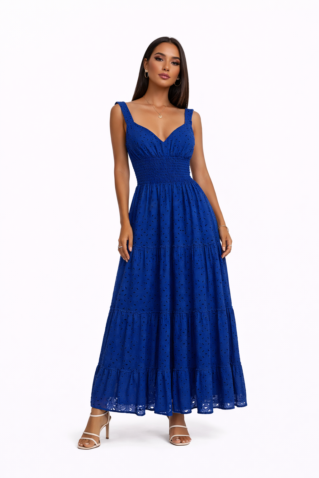 Abito Pesca lungo in sangallo di cotone blu