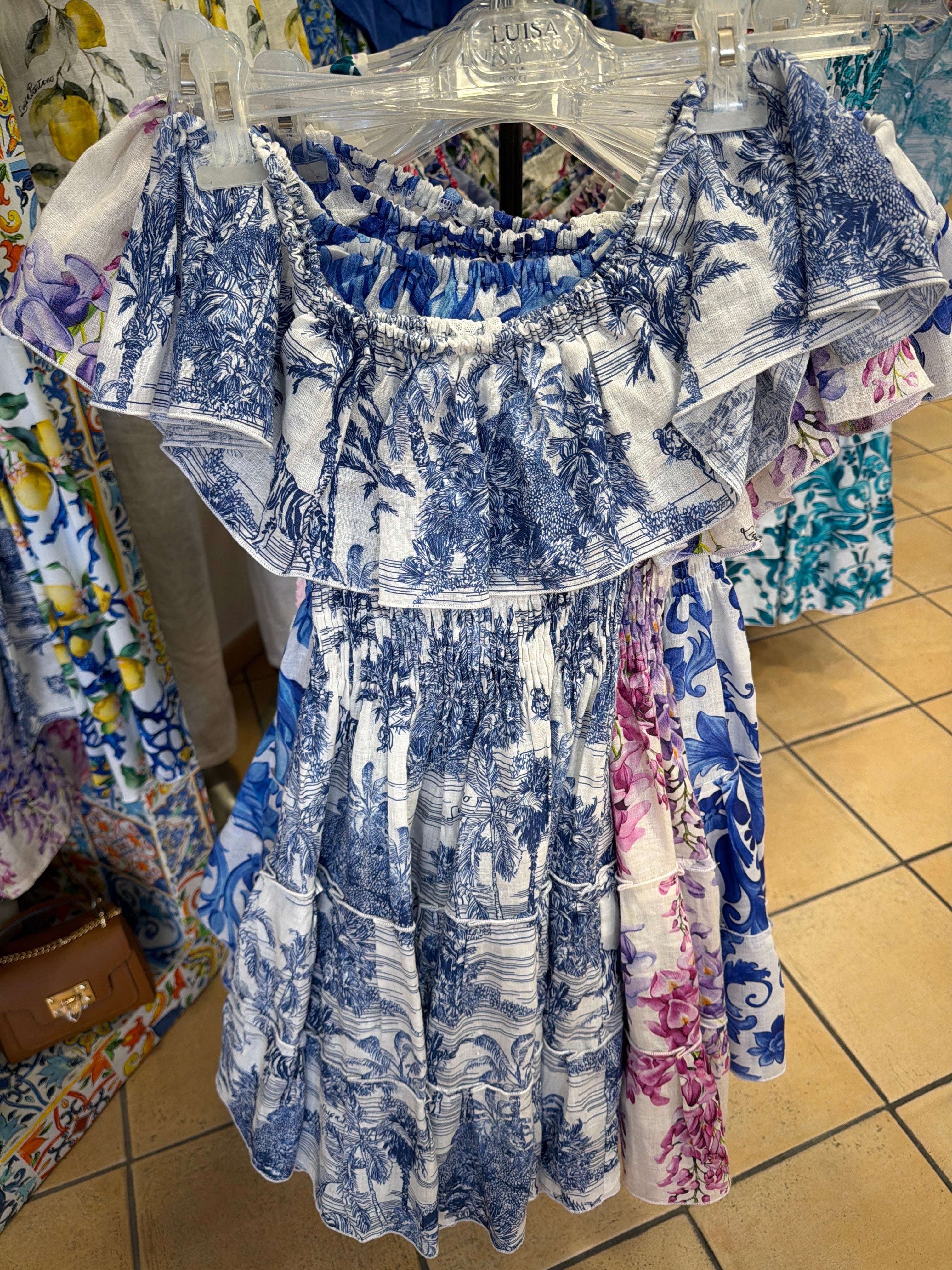 Short ruffled linen dress, Adoro blue print