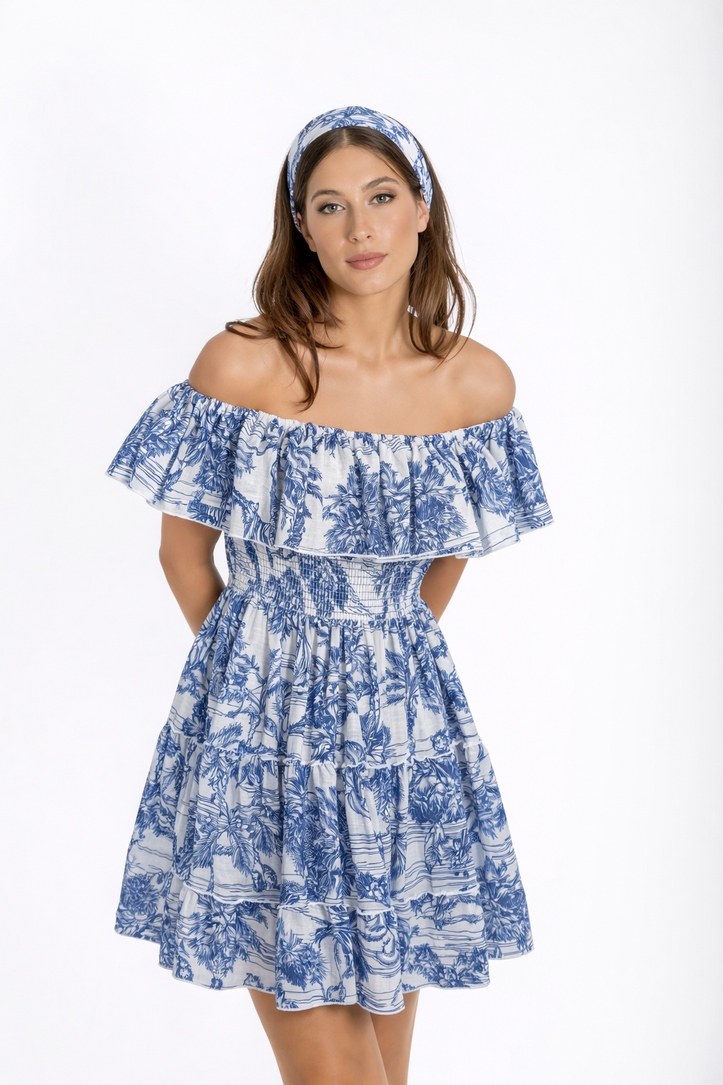 Short ruffled linen dress, Adoro blue print
