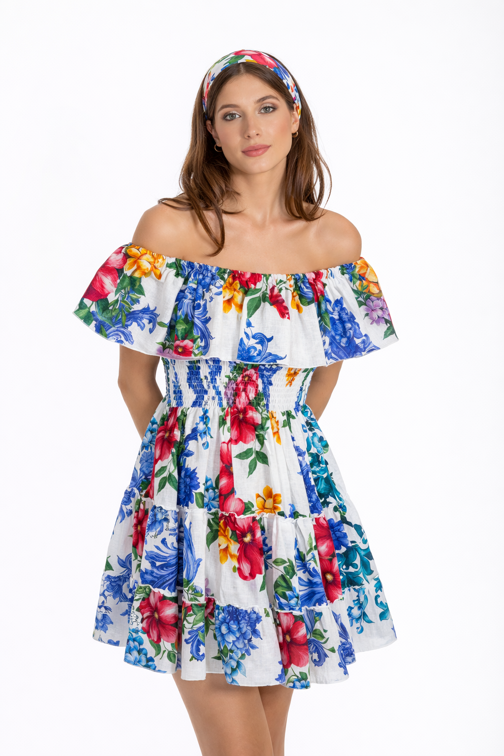 Short Ruffled Linen Art Print Dress