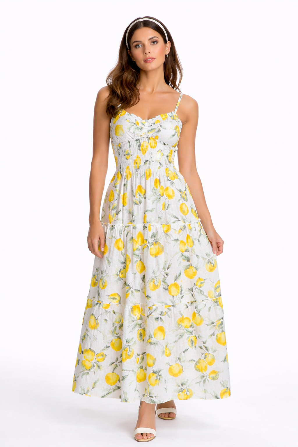 Ornella long linen dress with lemon print