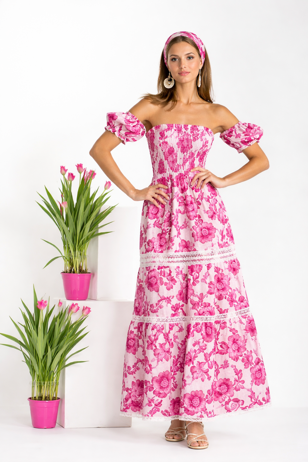 Austria linen dress with pink branch print