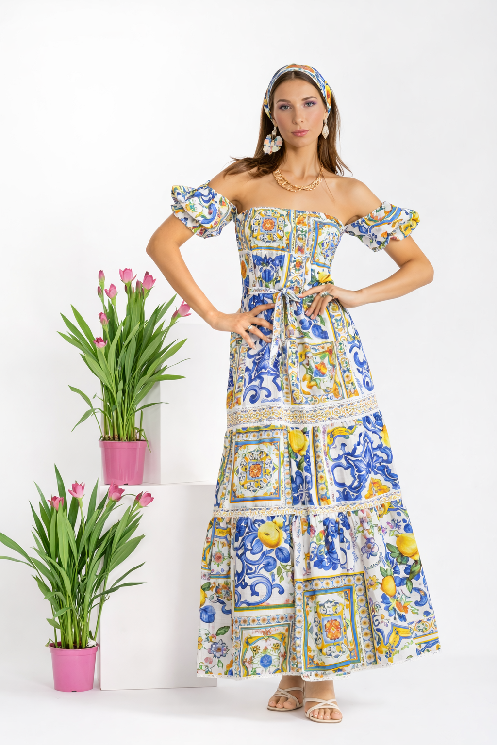 Austria dress in mixed print linen