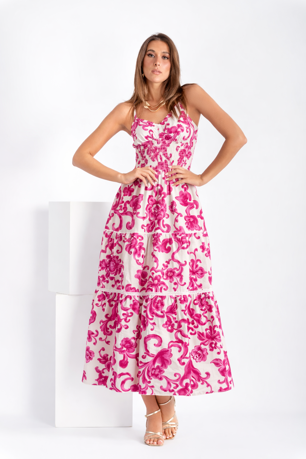 Ornella long linen dress with pink branch print