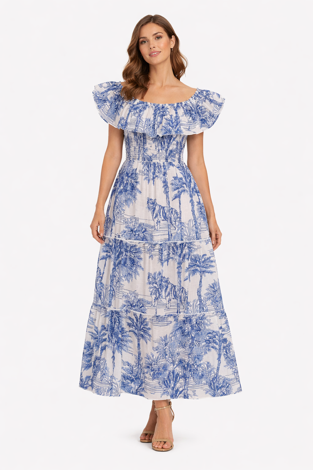 Double flounce linen dress in adored blue print
