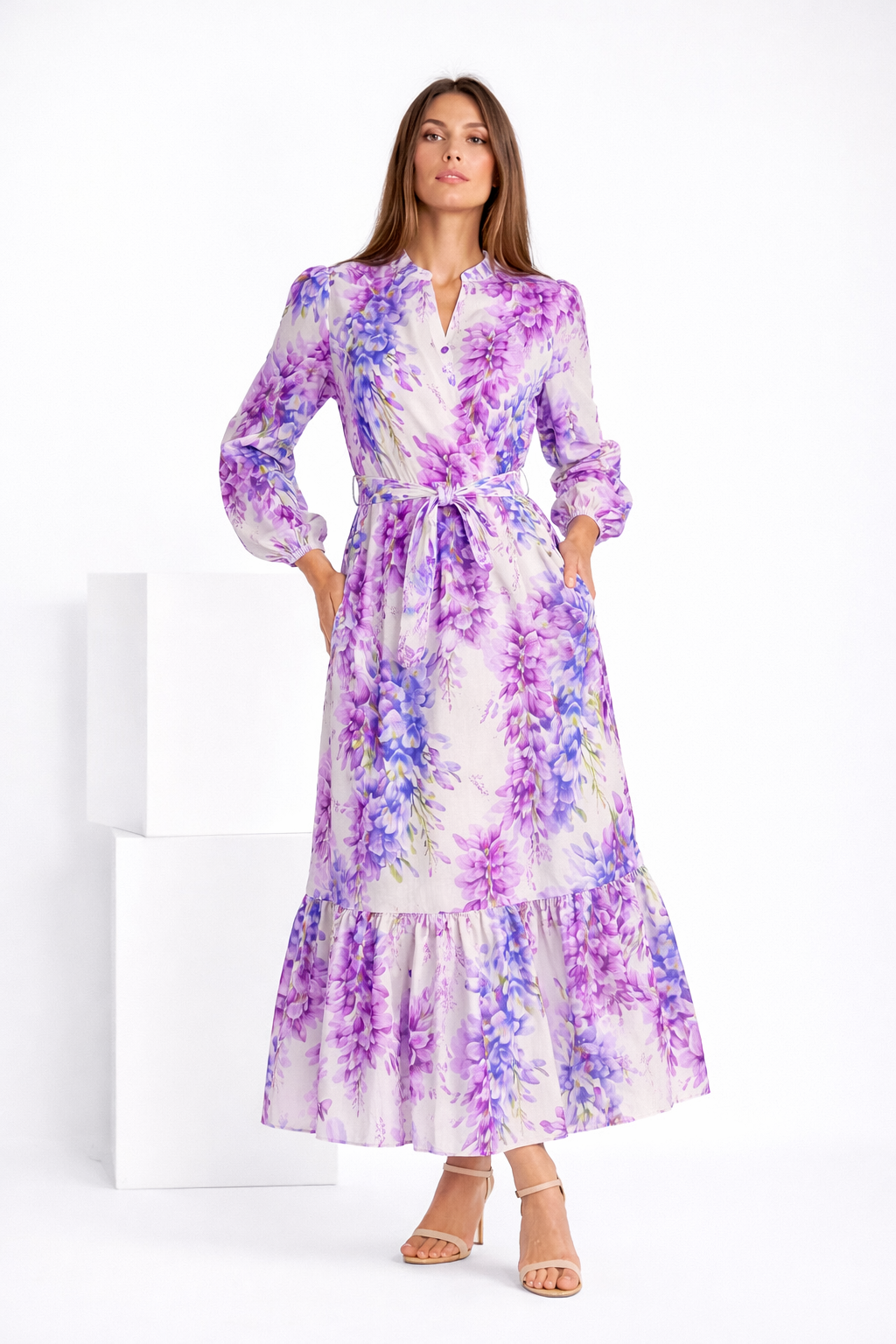 Long Monaco dress in wisteria print linen