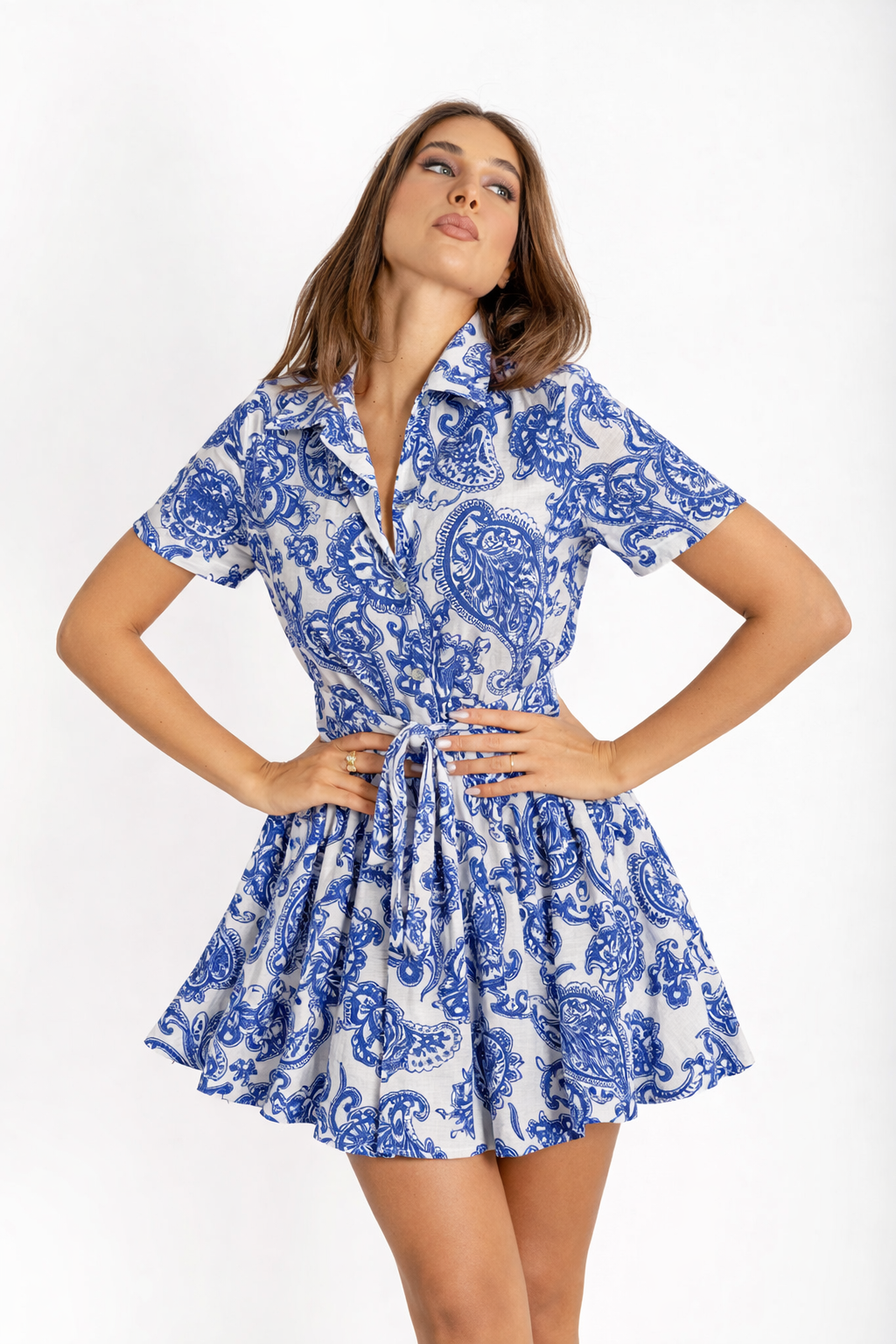 Dafne short linen dress in blue cashmere print