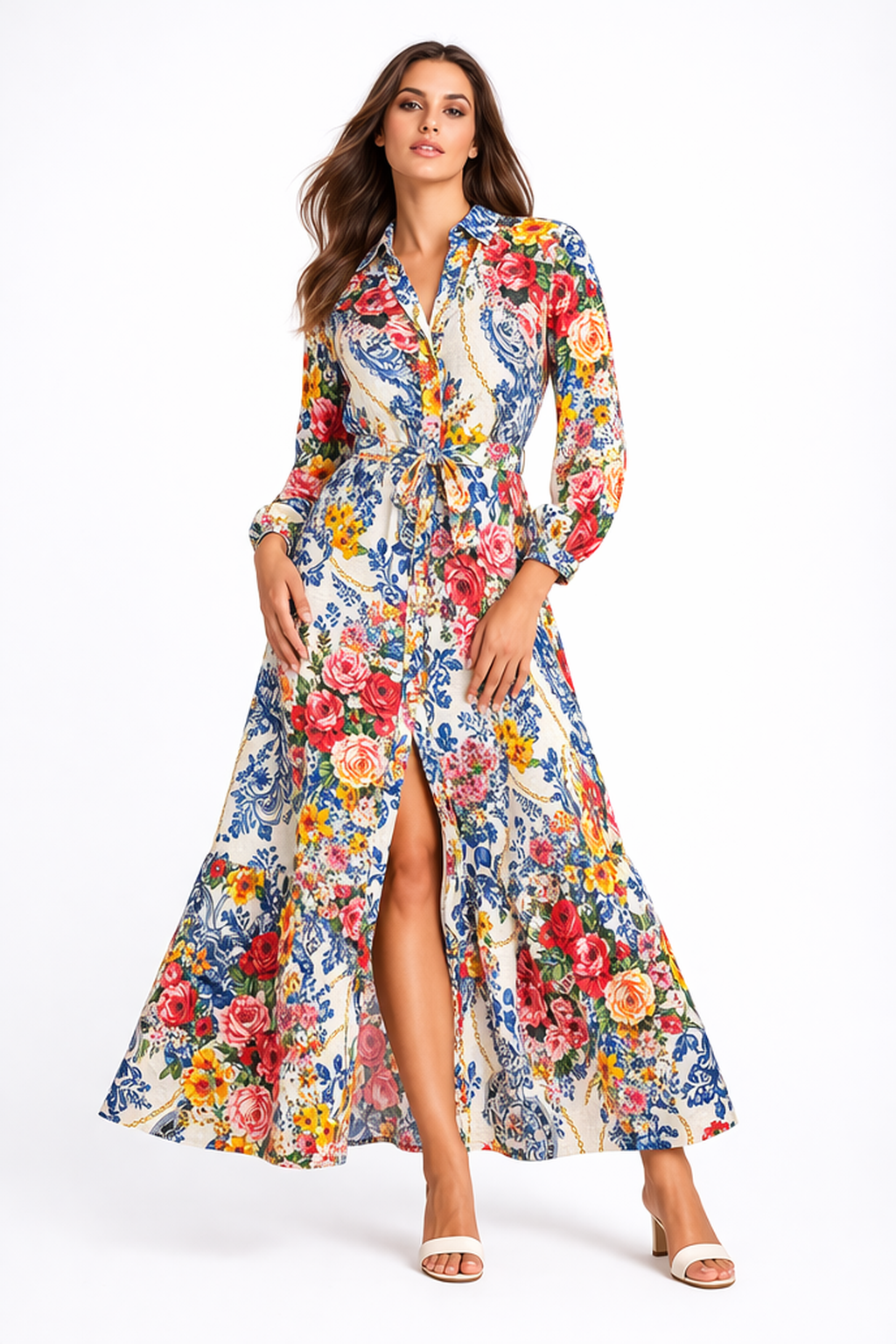 Nerea dress Camilla print linen with belt and button placket