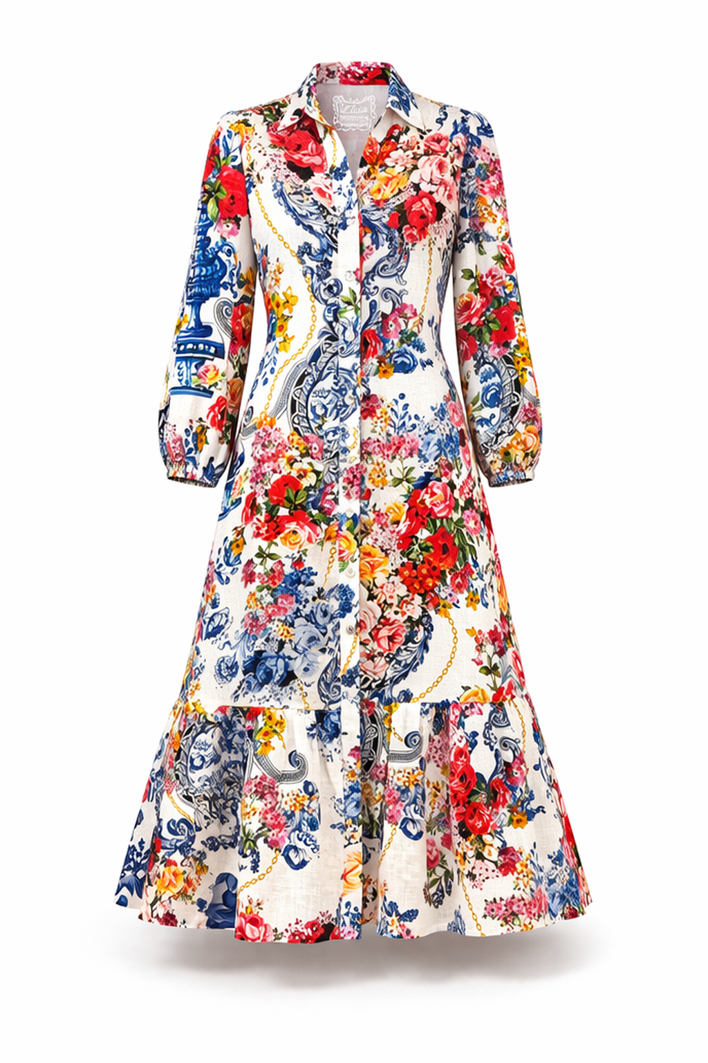 Nerea dress Camilla print linen with belt and button placket