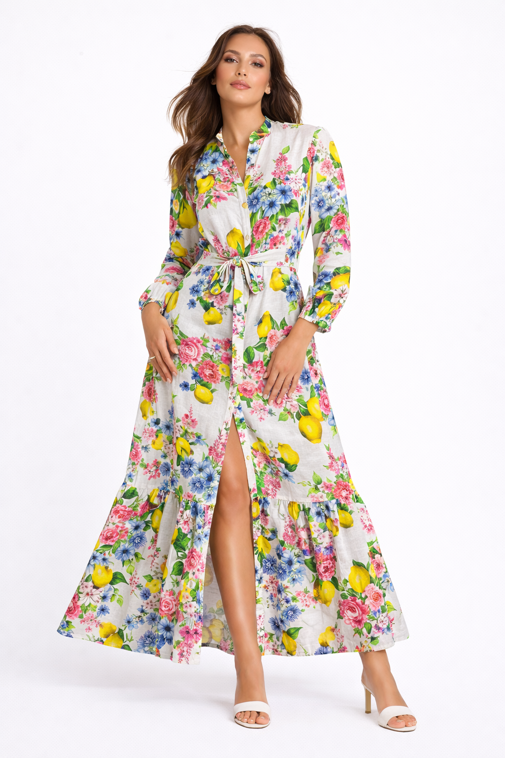 Nerea lemon flower print linen dress with belt and buttons