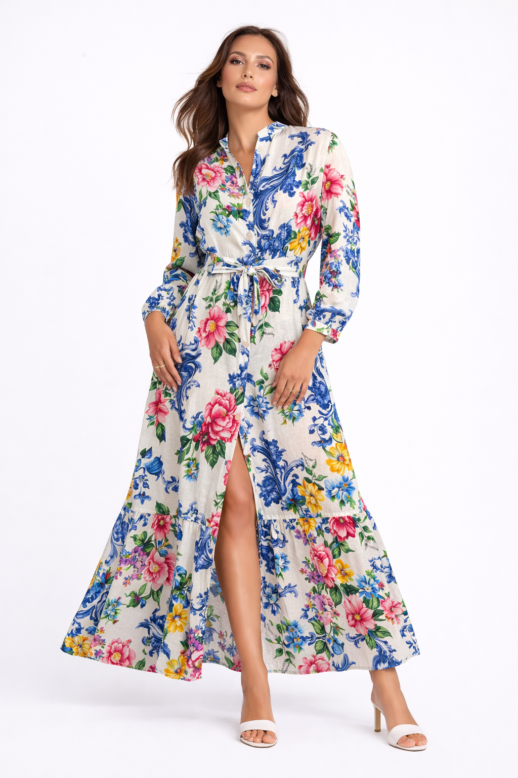 Nerea dress in art print linen with belt and buttons