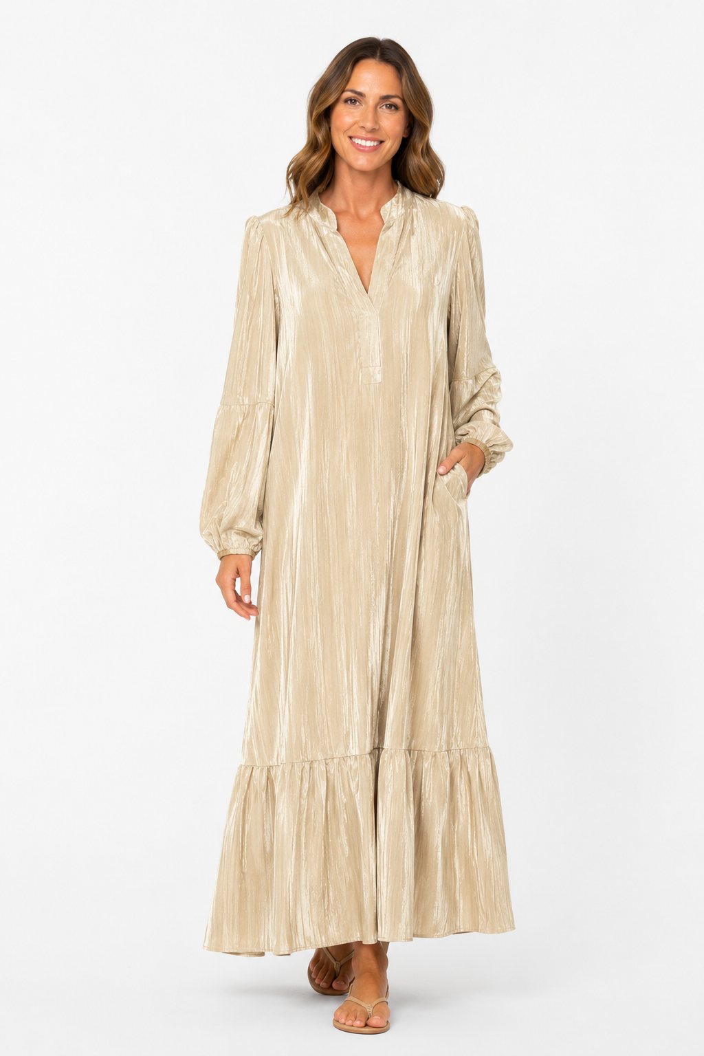 Abito Nerea in velluto beige con cintura e rifiniture oro taglia M/L