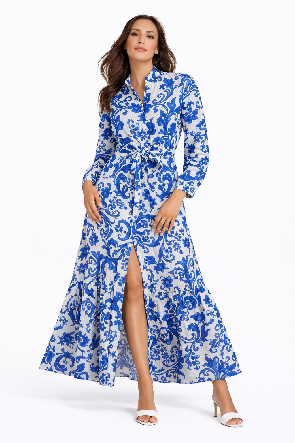 Naty dress in blue branch print linen