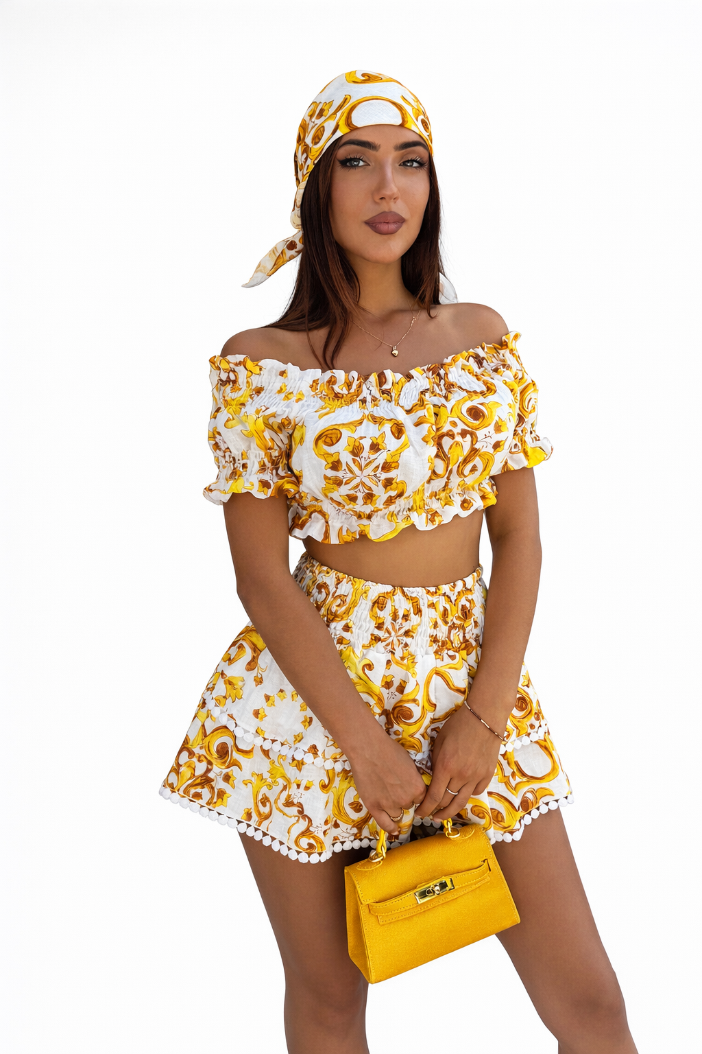 Coordinato top fiocco e mini in lino stampa Ravello giallo