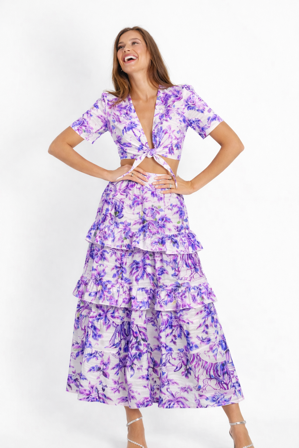 Coordinato top Bali e gonna in lino stampa glicine