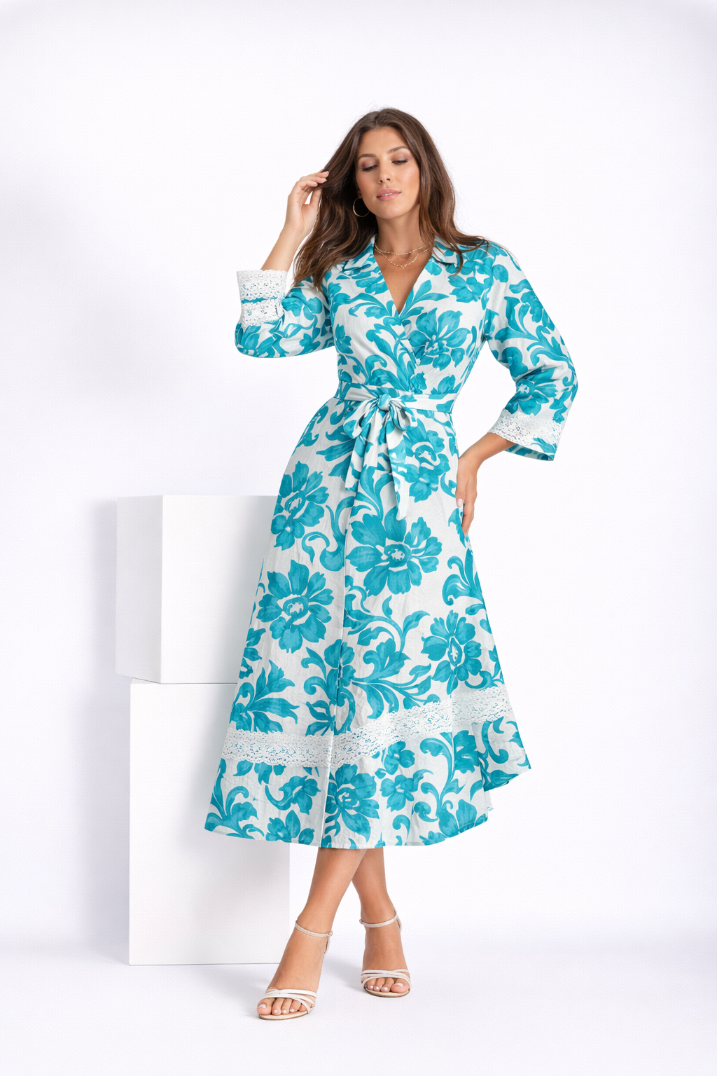 Asal linen dress with lace and green branch print