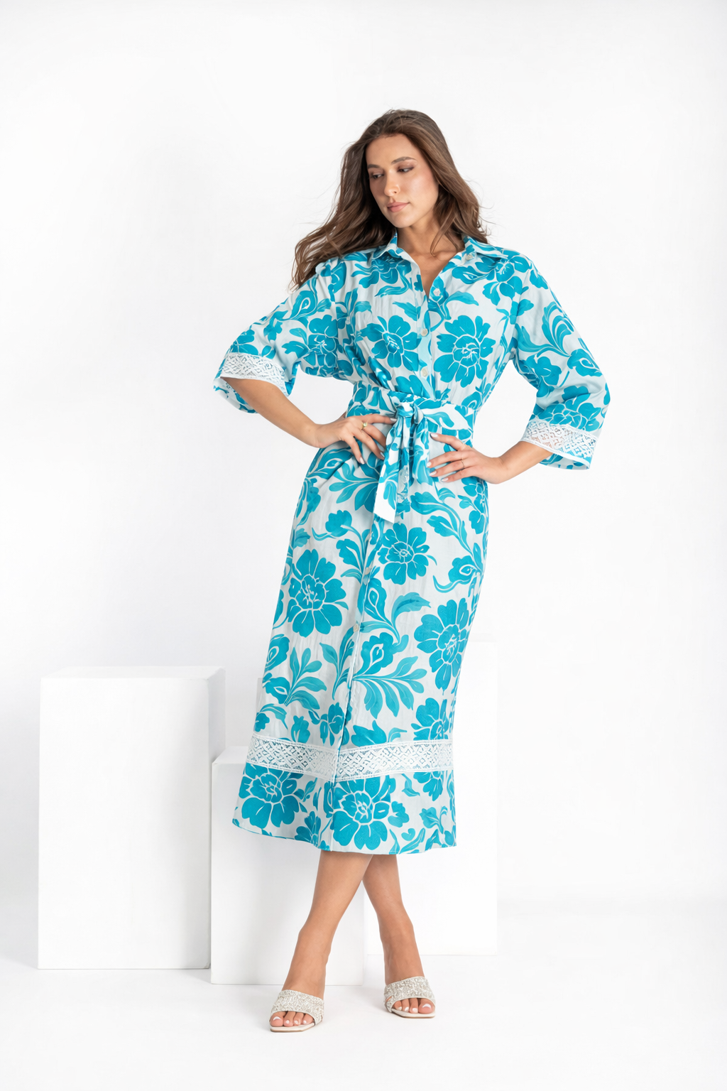 Virginia dress in green branch print linen