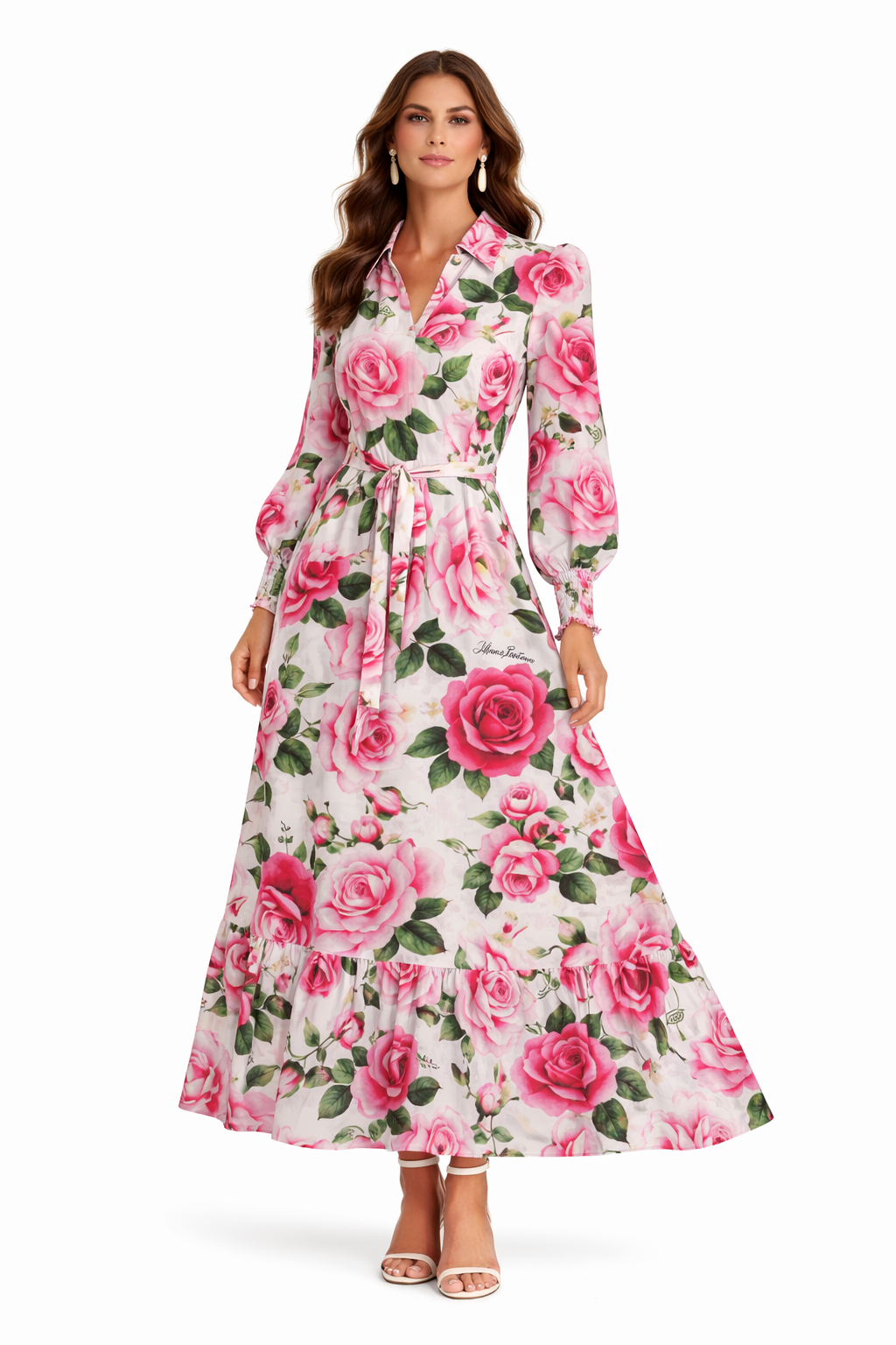 Abito Monaco lungo in lino stampa rose