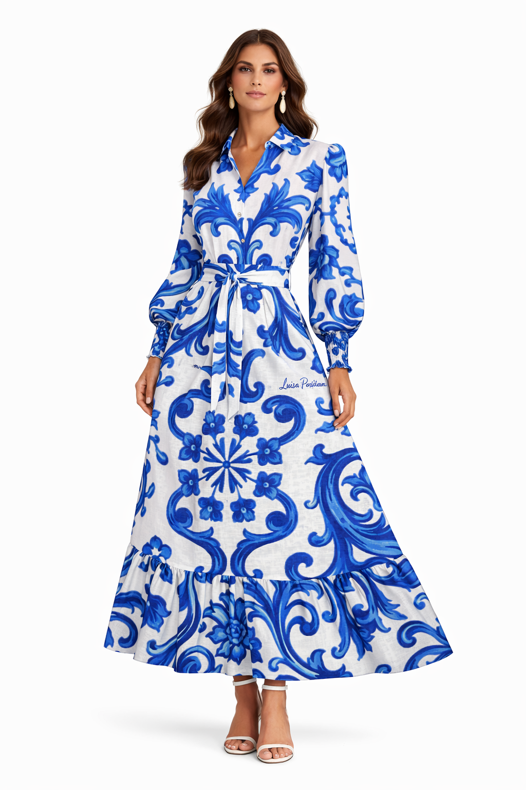 Abiti Monaco lungo in lino stampa ramo blu