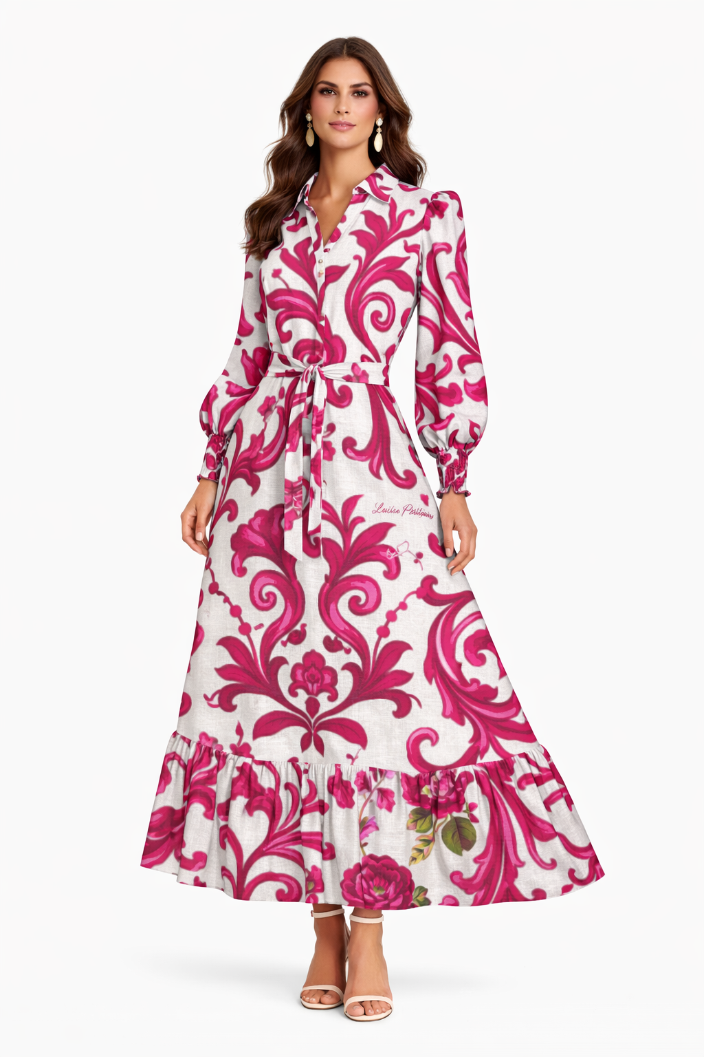 Abito Monaco lungo in lino stampa ramo rosa