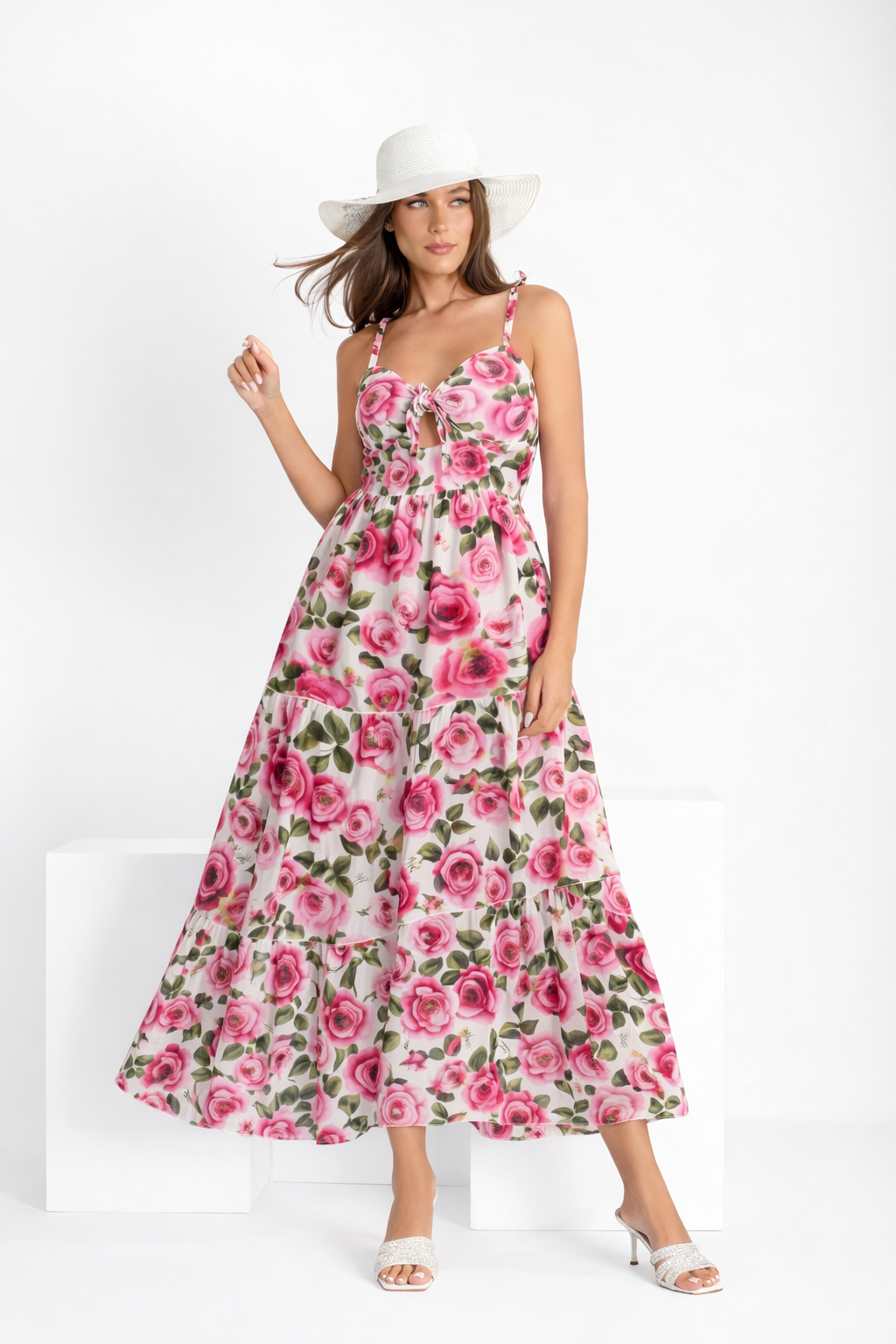 Abito Danica lungo in lino stampa rose