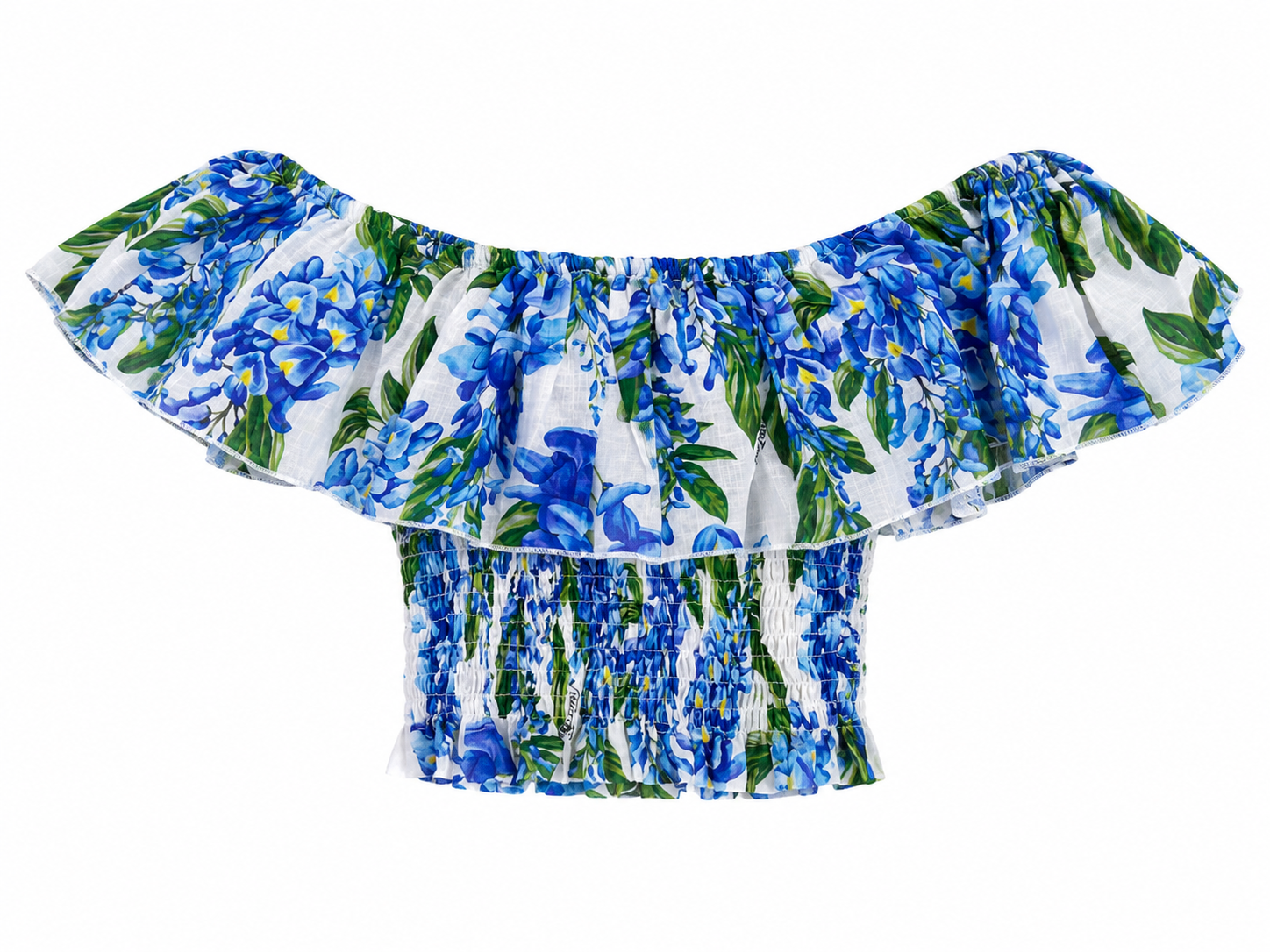 Top Volant in lino stampa glicine azzurro