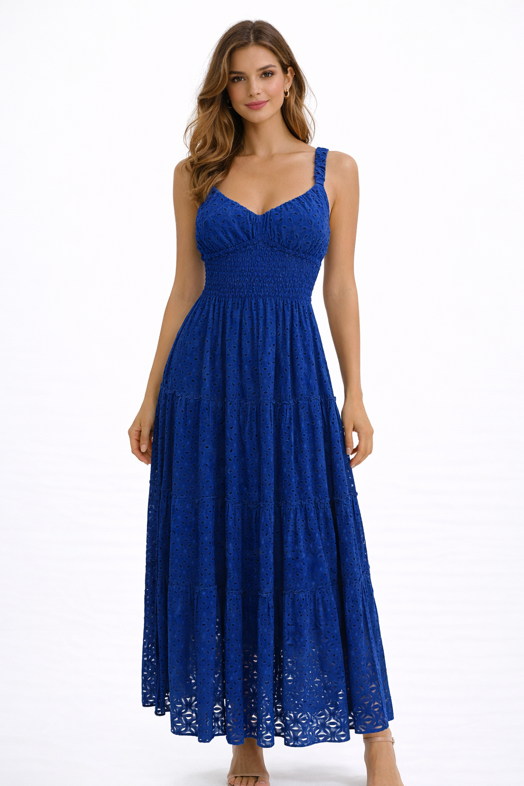 Pfirsichfarbenes langes Sangallo-Kleid