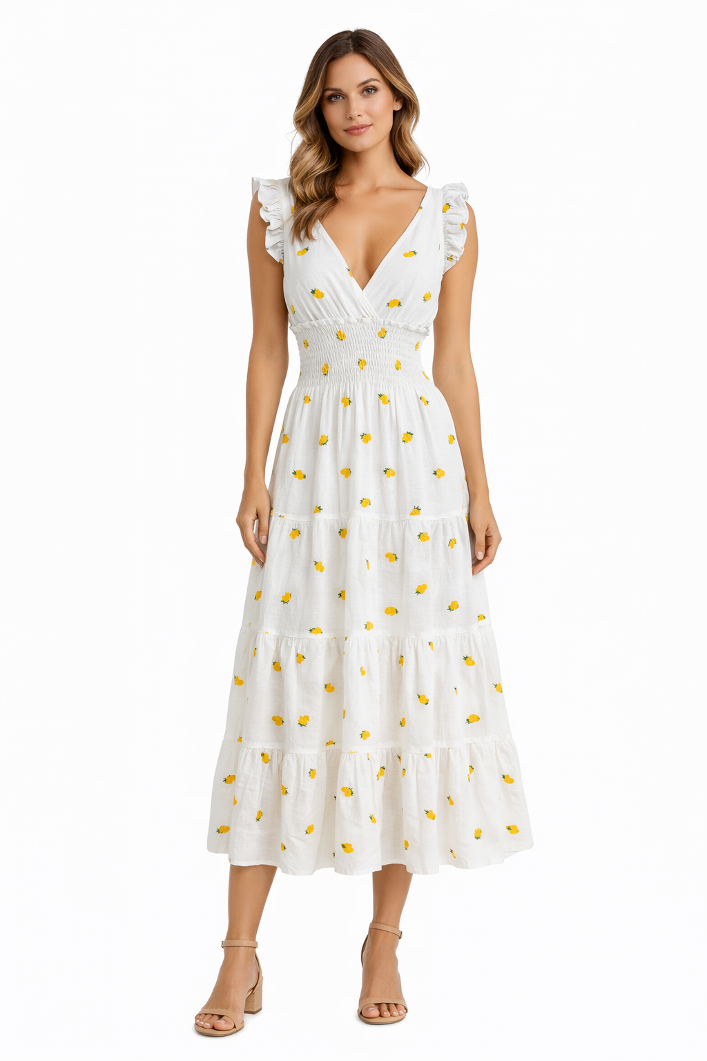 Long Tucano linen dress with lemon embroidery, white