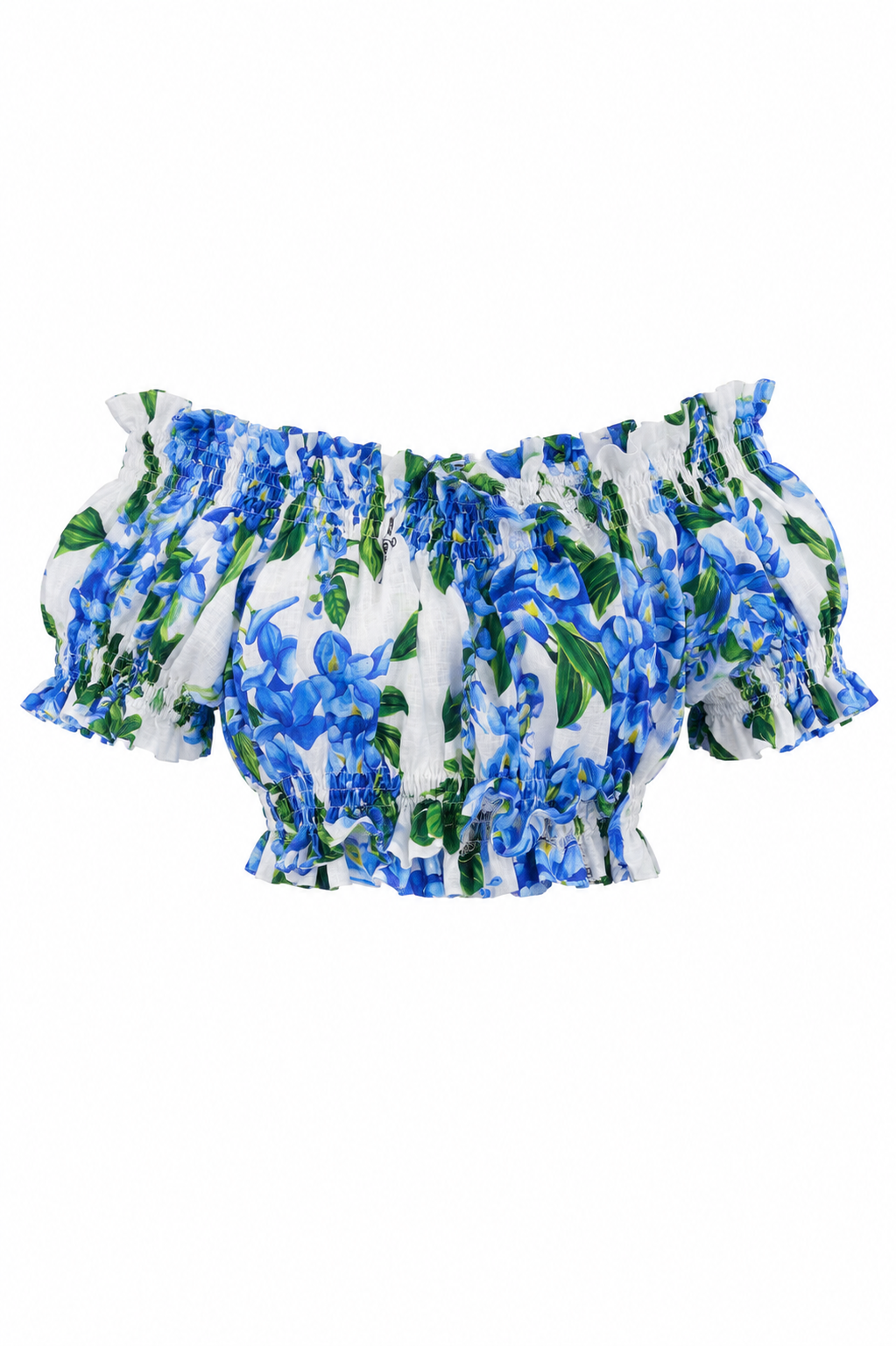 Top fiocco in lino stampa glicine azzurro