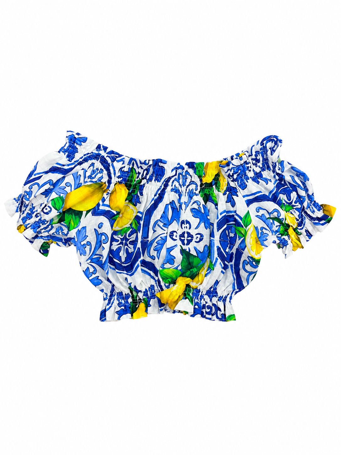 Top fiocco in lino stampa limone nuovo