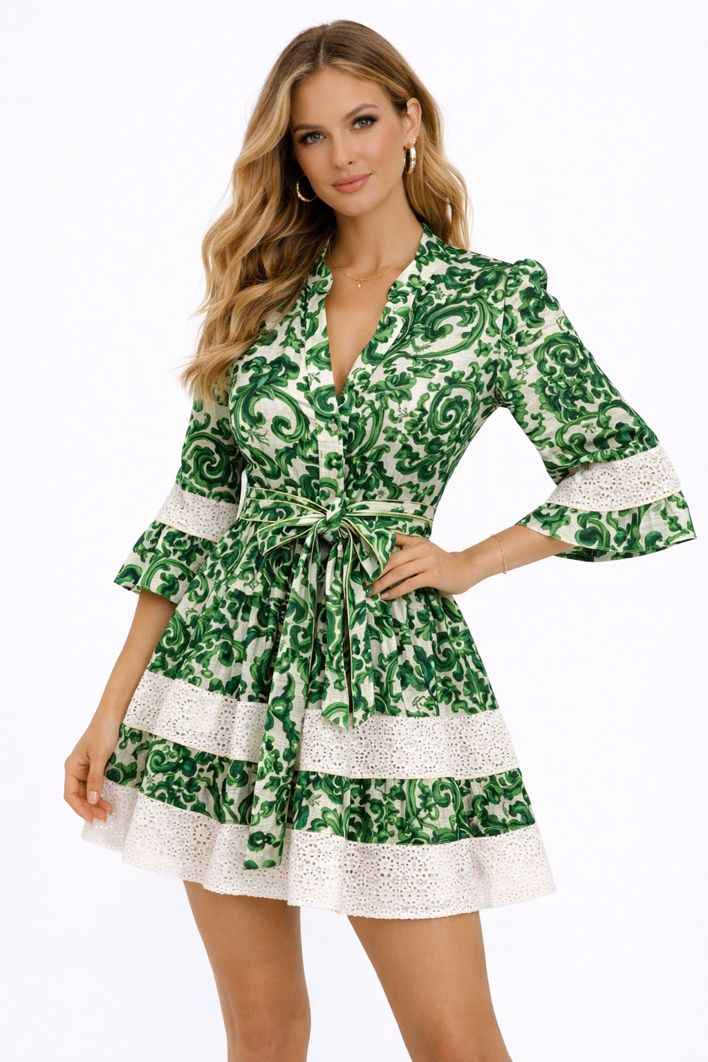 Fame dress in linen and sangallo Ravello green print