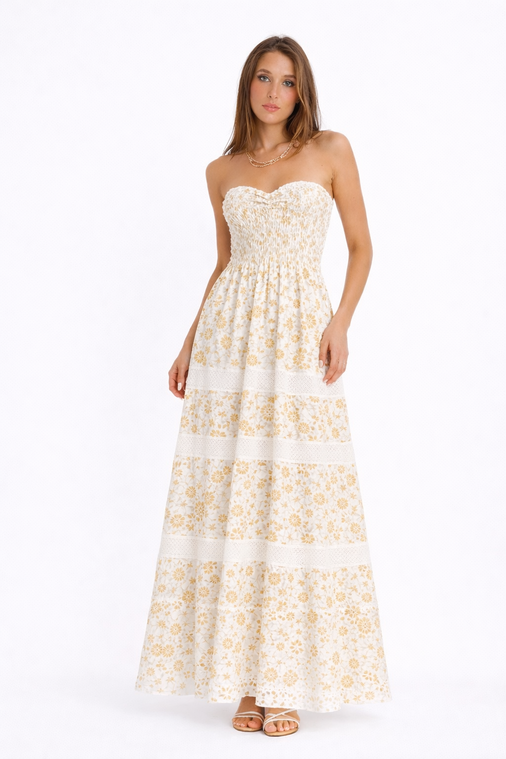 Kleid Martinica aus goldener Baumwoll-Broschenspitze