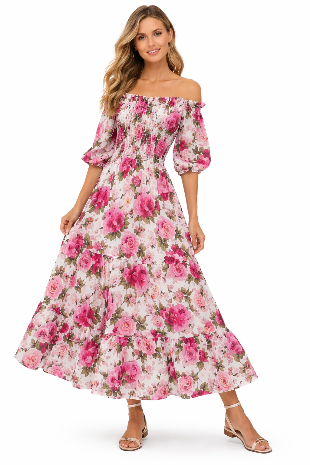 Zoe long linen dress with rose print